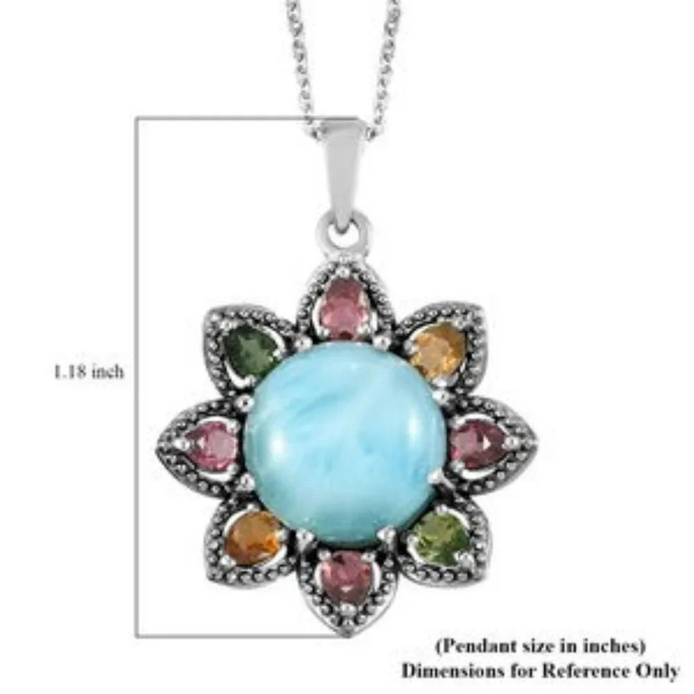 Larimar & Multi-Tourmaline Floral Pendant Necklace 20" Chain Flower - Picture 4 of 6